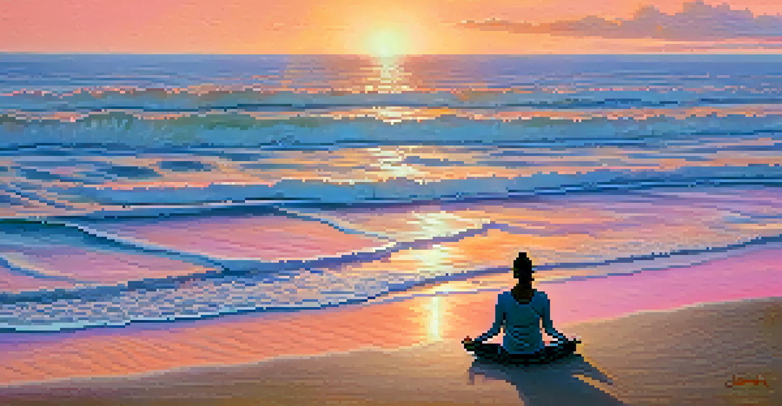 A person practicing yoga on a beach at sunrise, surrounded by soft sand and gentle waves, creating a peaceful atmosphere.