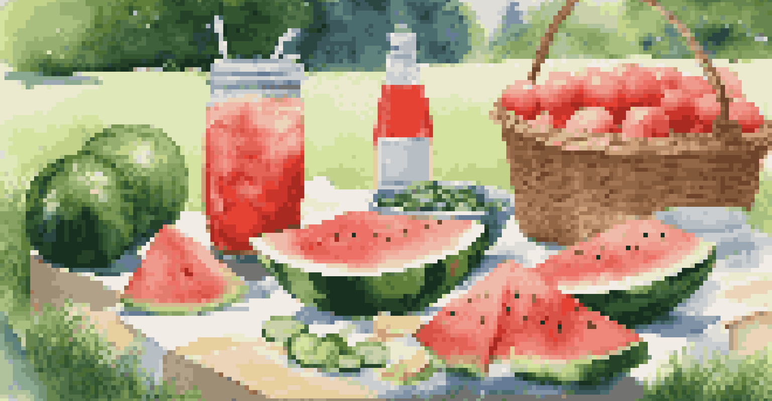 A bright outdoor picnic featuring hydrating fruits and drinks on a sunny day in a park.
