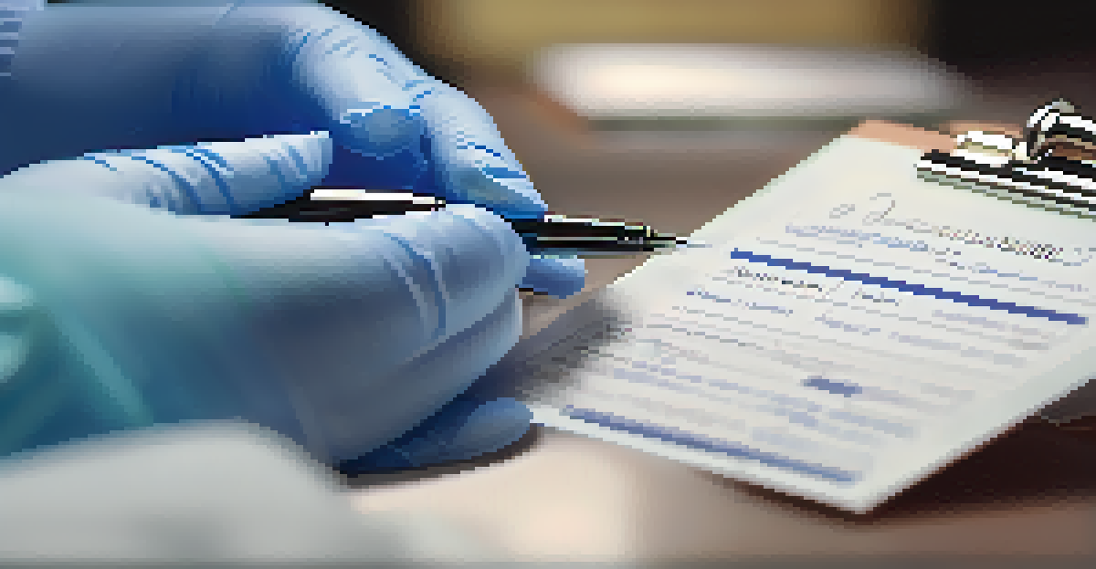 Close-up of a healthcare provider's hands holding a vaccination record card, with a pen ready to write, set against a softly blurred background.