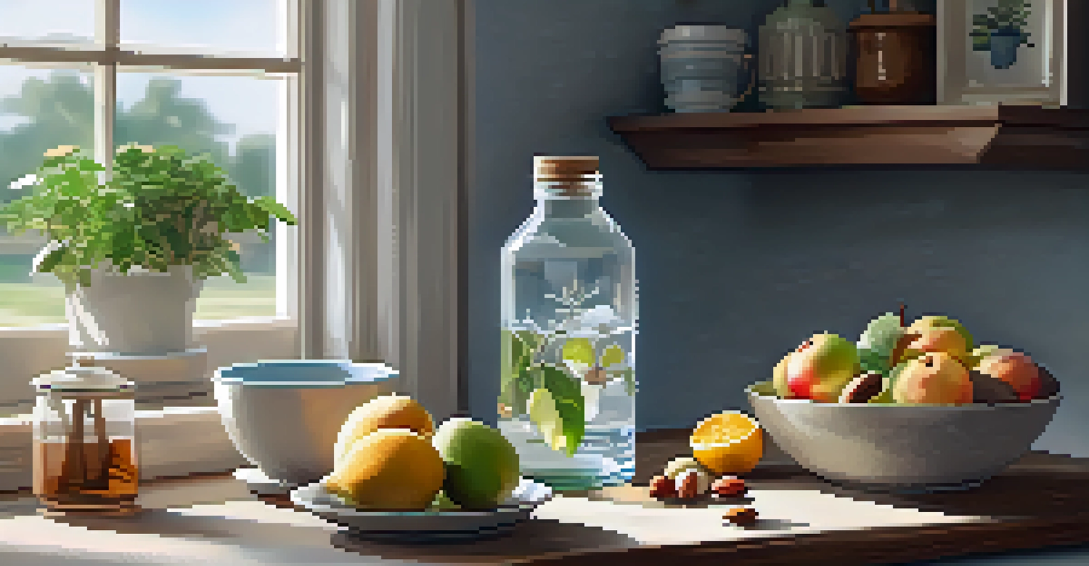 A cozy kitchen table with a bowl of mixed nuts, a glass of fruit-infused water, and a potted plant, all bathed in soft morning light.