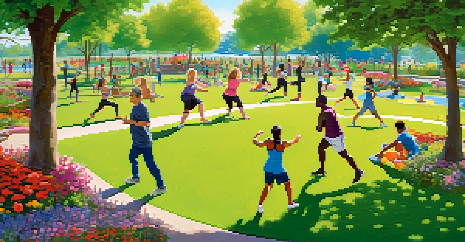 A lively community park filled with people doing yoga, jogging, and playing frisbee, surrounded by trees and flowers.
