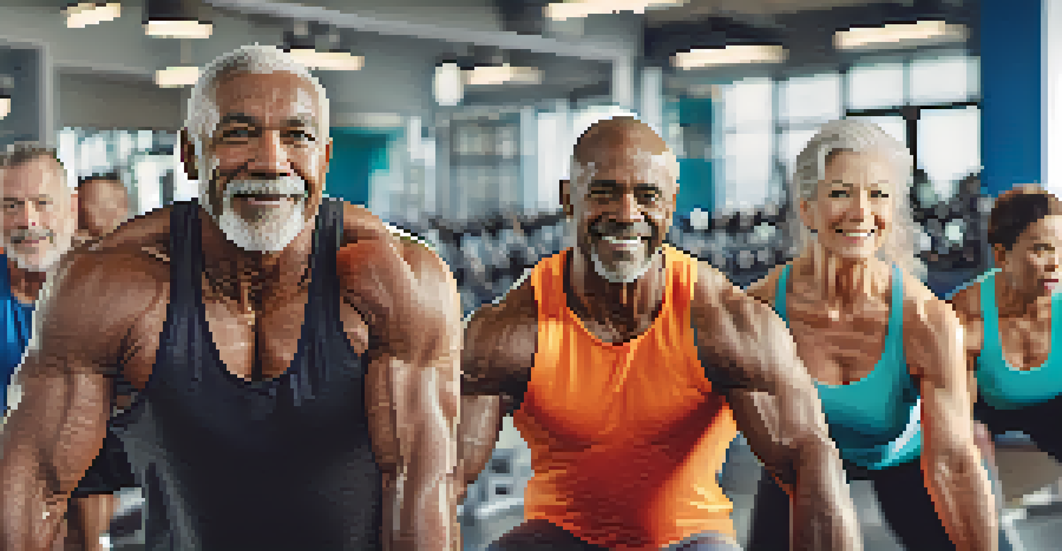 A diverse group of older individuals lifting dumbbells in a gym, showing determination and focus as they work out together.