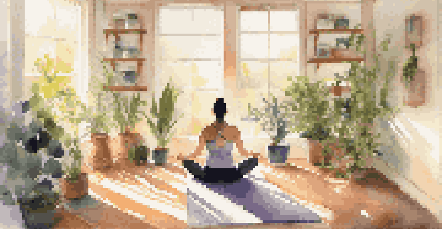 A person doing yoga in a sunlit room with essential oil bottles and a diffuser, creating a peaceful and inviting atmosphere.