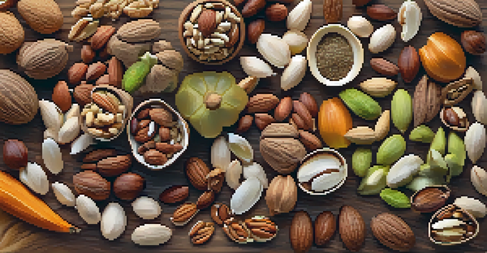 A colorful variety of nuts and seeds displayed on a wooden table with natural light enhancing their textures.