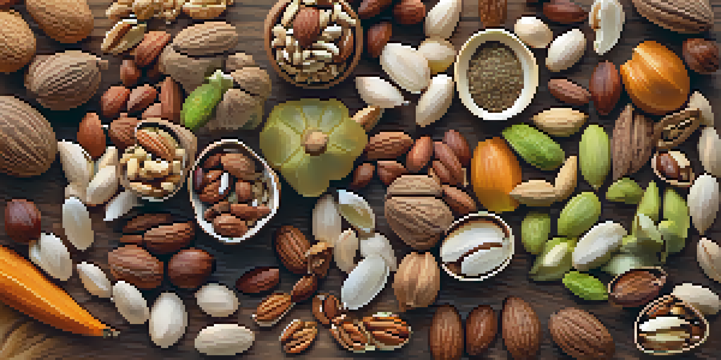 A colorful variety of nuts and seeds displayed on a wooden table with natural light enhancing their textures.