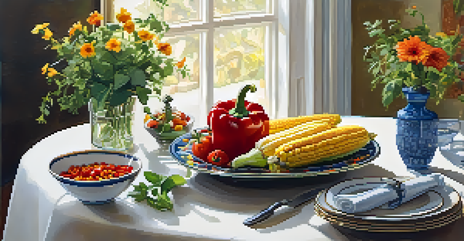 A beautifully arranged dining table with a platter of roasted vegetables and fresh herbs under warm lighting.