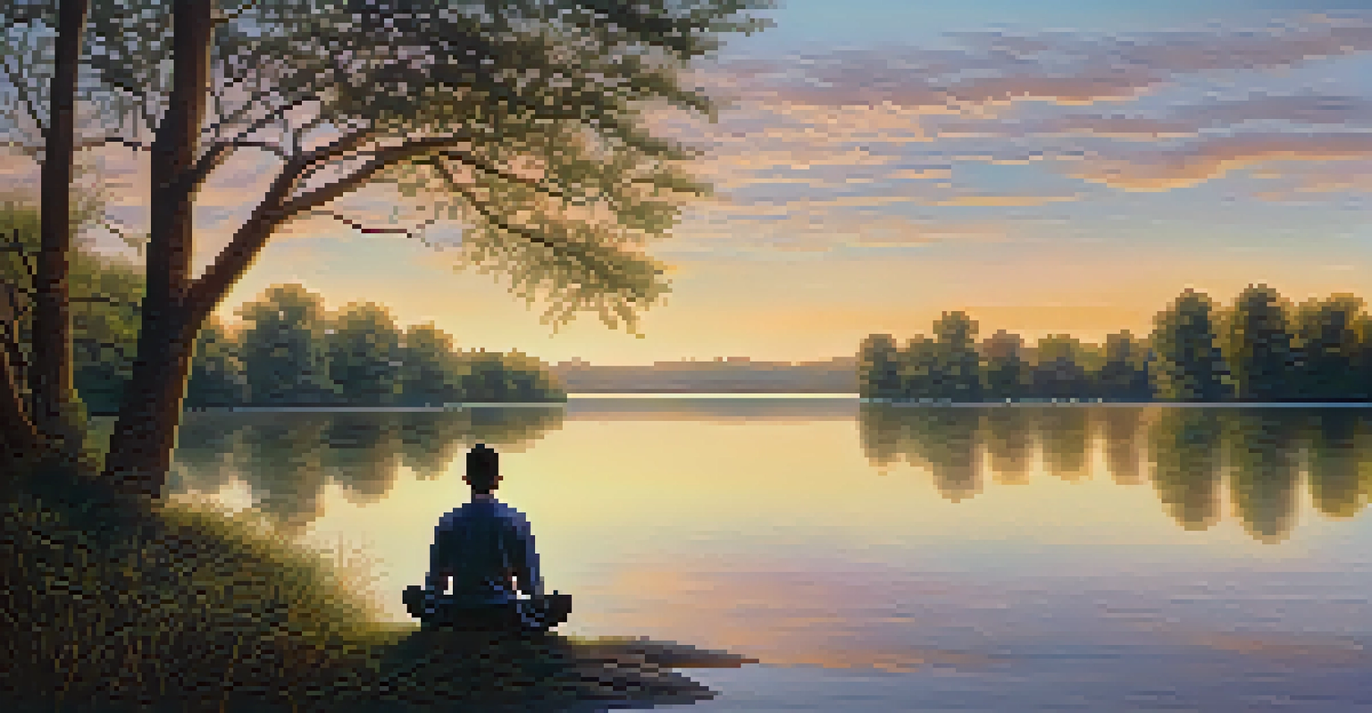 A person meditating by a calm lake at sunrise, with pastel skies and reflections in the water.
