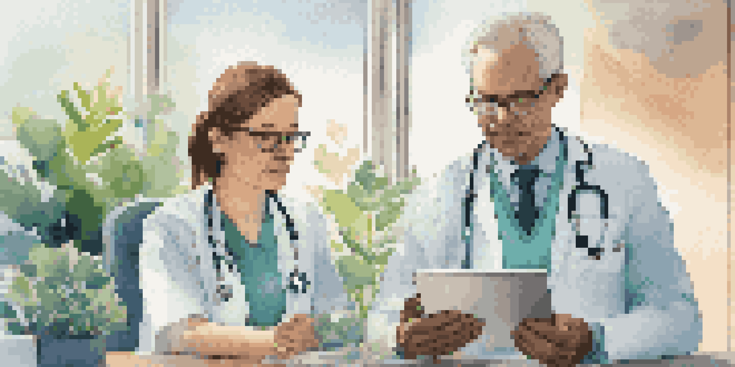 A doctor and a nurse collaborating over a digital health record on a tablet in a modern medical office.