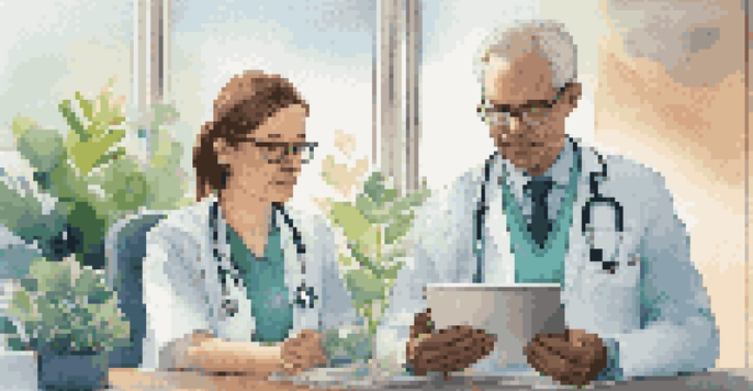 A doctor and a nurse collaborating over a digital health record on a tablet in a modern medical office.