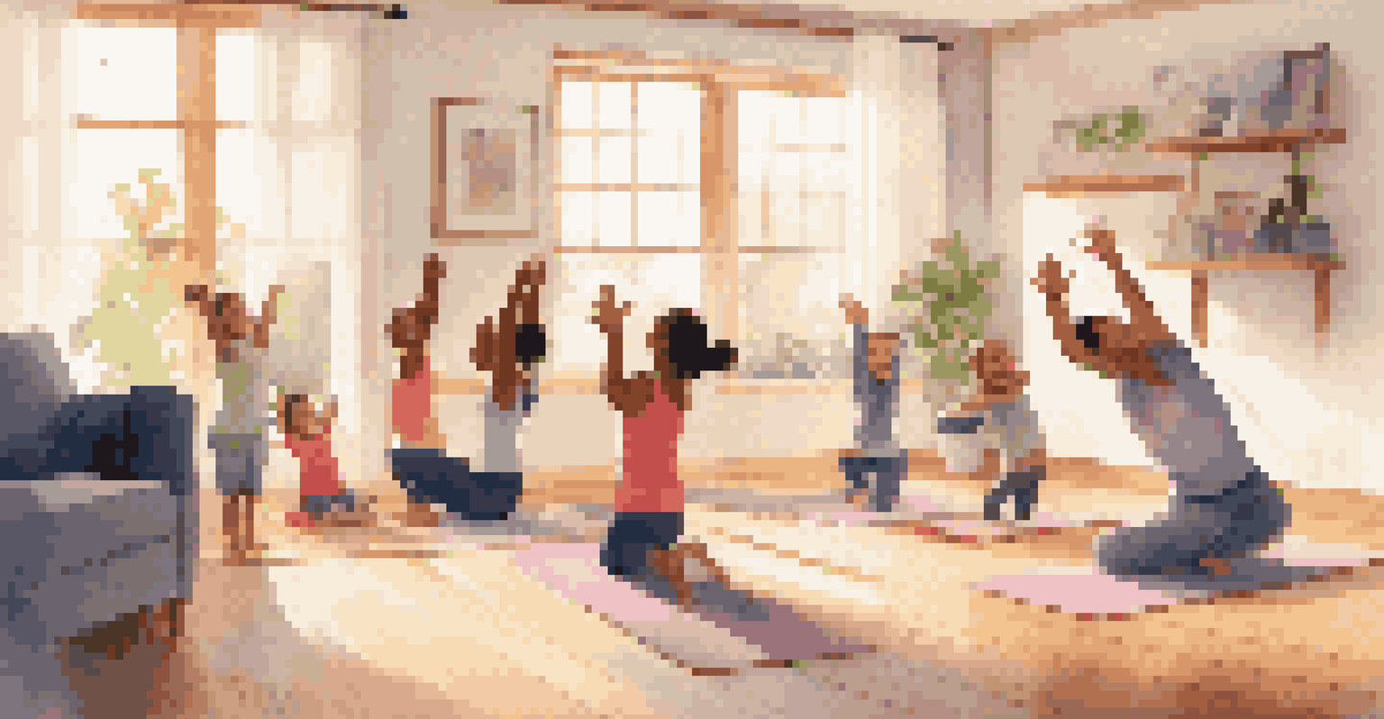 A family practicing stretching exercises together in a cozy living room with yoga mats.