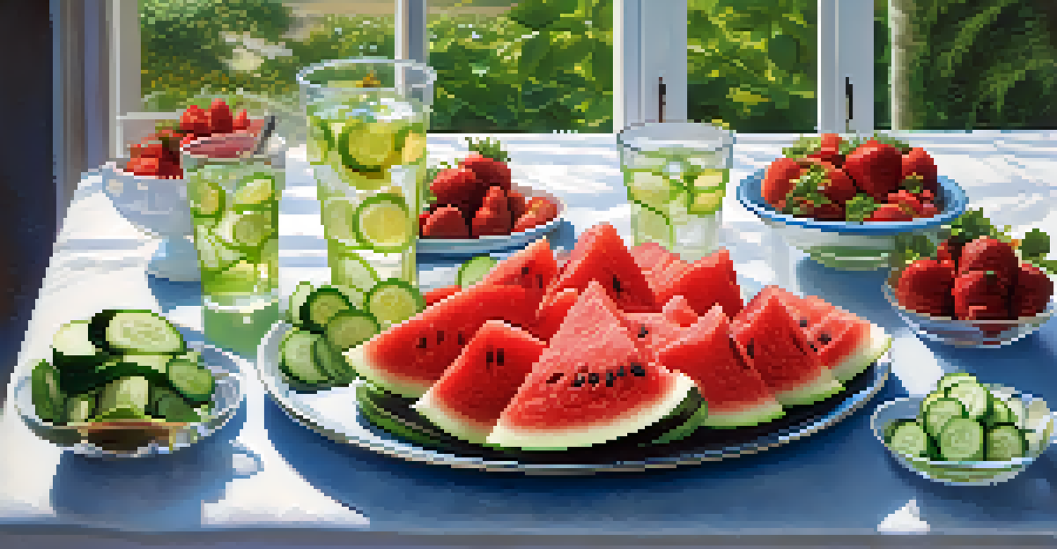 A table with fresh watermelon, cucumbers, strawberries, and a glass of ice water, highlighting healthy hydration options.