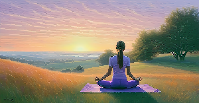 A person practicing yoga on a grassy hill at sunrise, surrounded by mist and colorful sky.