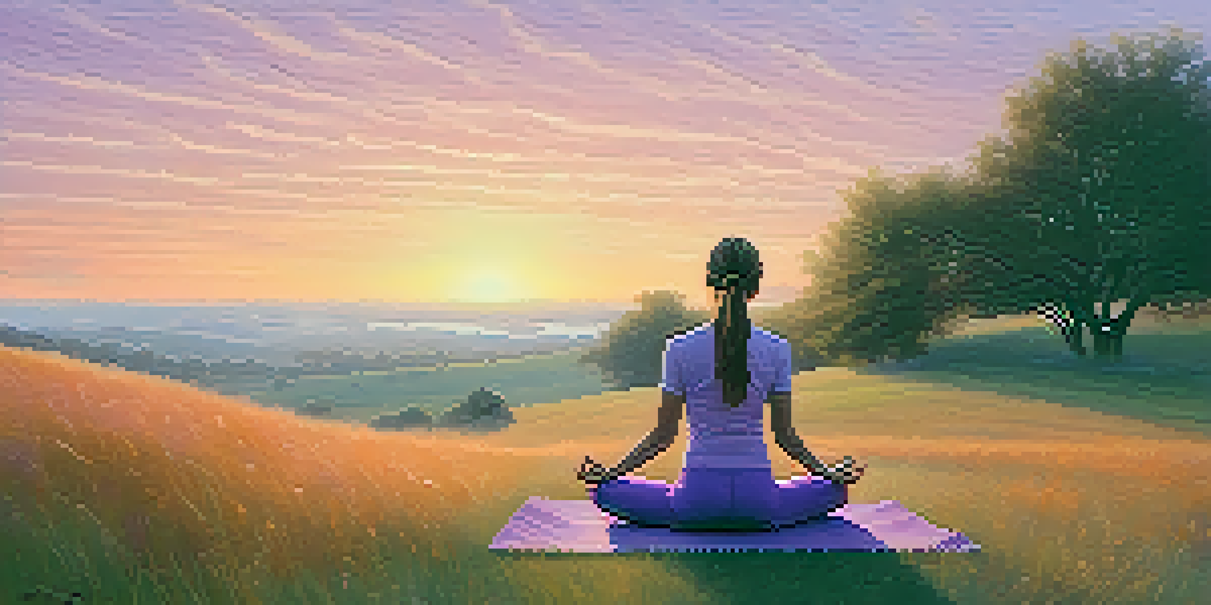 A person practicing yoga on a grassy hill at sunrise, surrounded by mist and colorful sky.