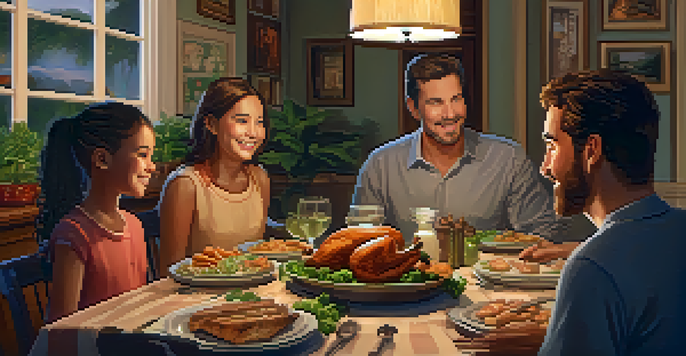 A family gathered around a dinner table, enjoying a meal and engaging in conversation, in a warm and inviting dining room.