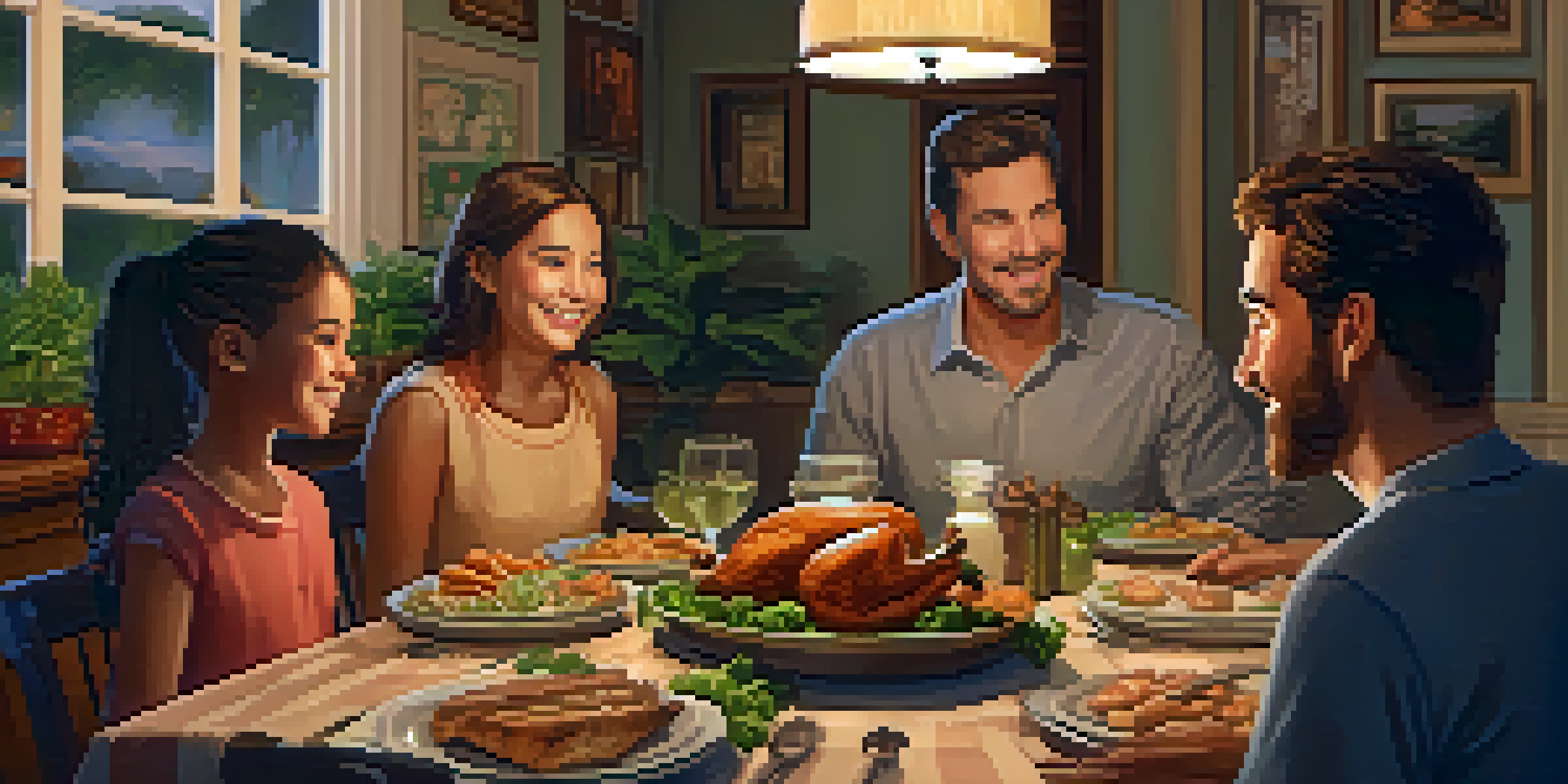 A family gathered around a dinner table, enjoying a meal and engaging in conversation, in a warm and inviting dining room.