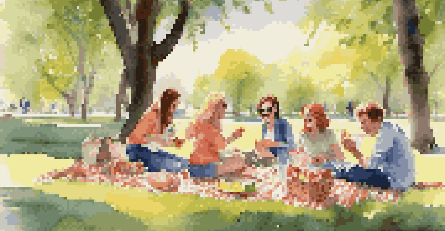 A group of friends enjoying a picnic in a sunny park, surrounded by flowers and trees.