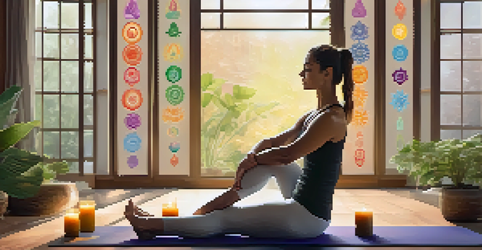 A peaceful yoga studio with a practitioner in meditation, surrounded by plants and chakra images.