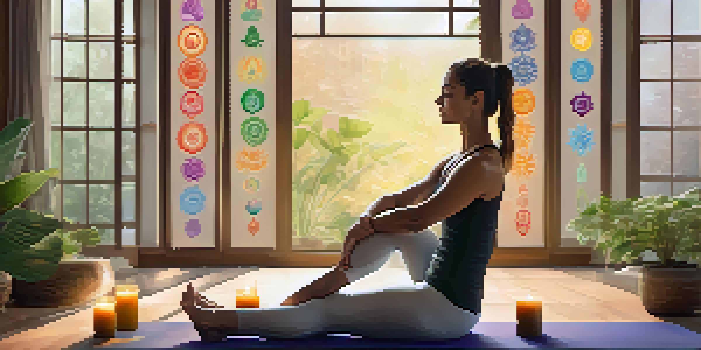 A peaceful yoga studio with a practitioner in meditation, surrounded by plants and chakra images.