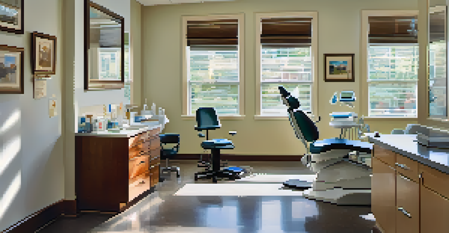 A dental office with a patient smiling in the chair as a dentist examines their teeth, with natural light coming through a window.