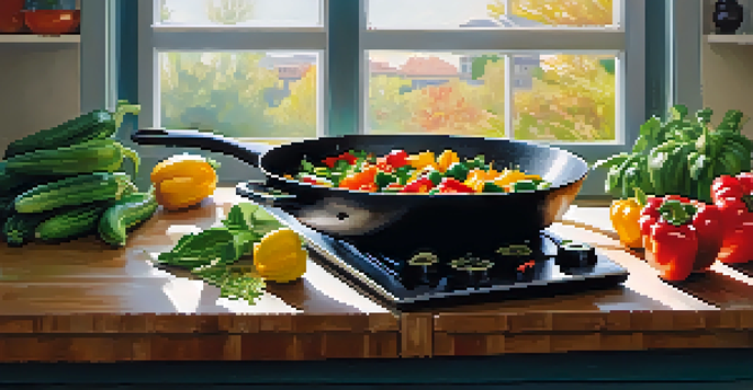 A chef sautéing colorful vegetables in a non-stick skillet in a bright kitchen with fresh herbs and garlic in the background.