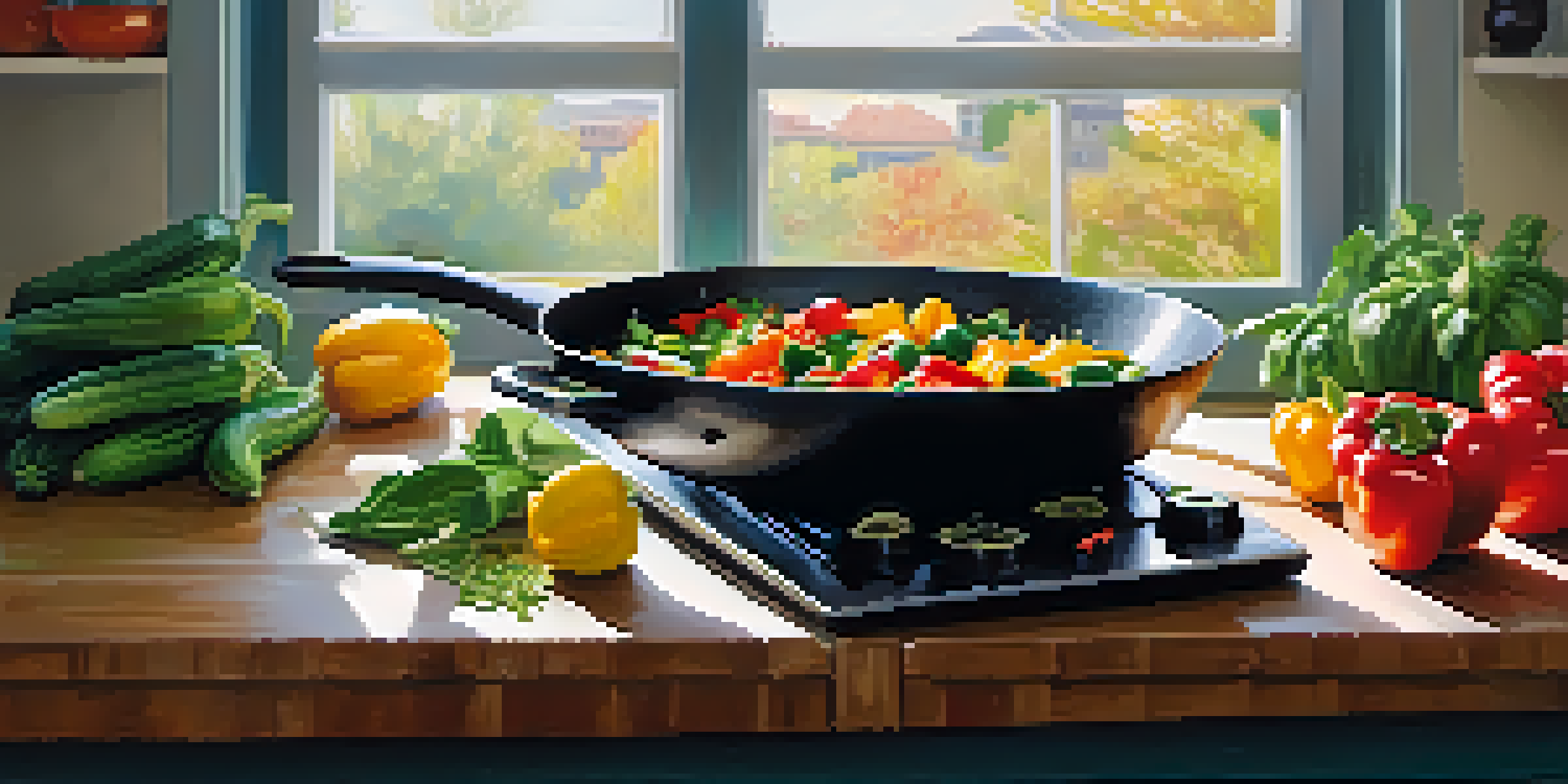 A chef sautéing colorful vegetables in a non-stick skillet in a bright kitchen with fresh herbs and garlic in the background.