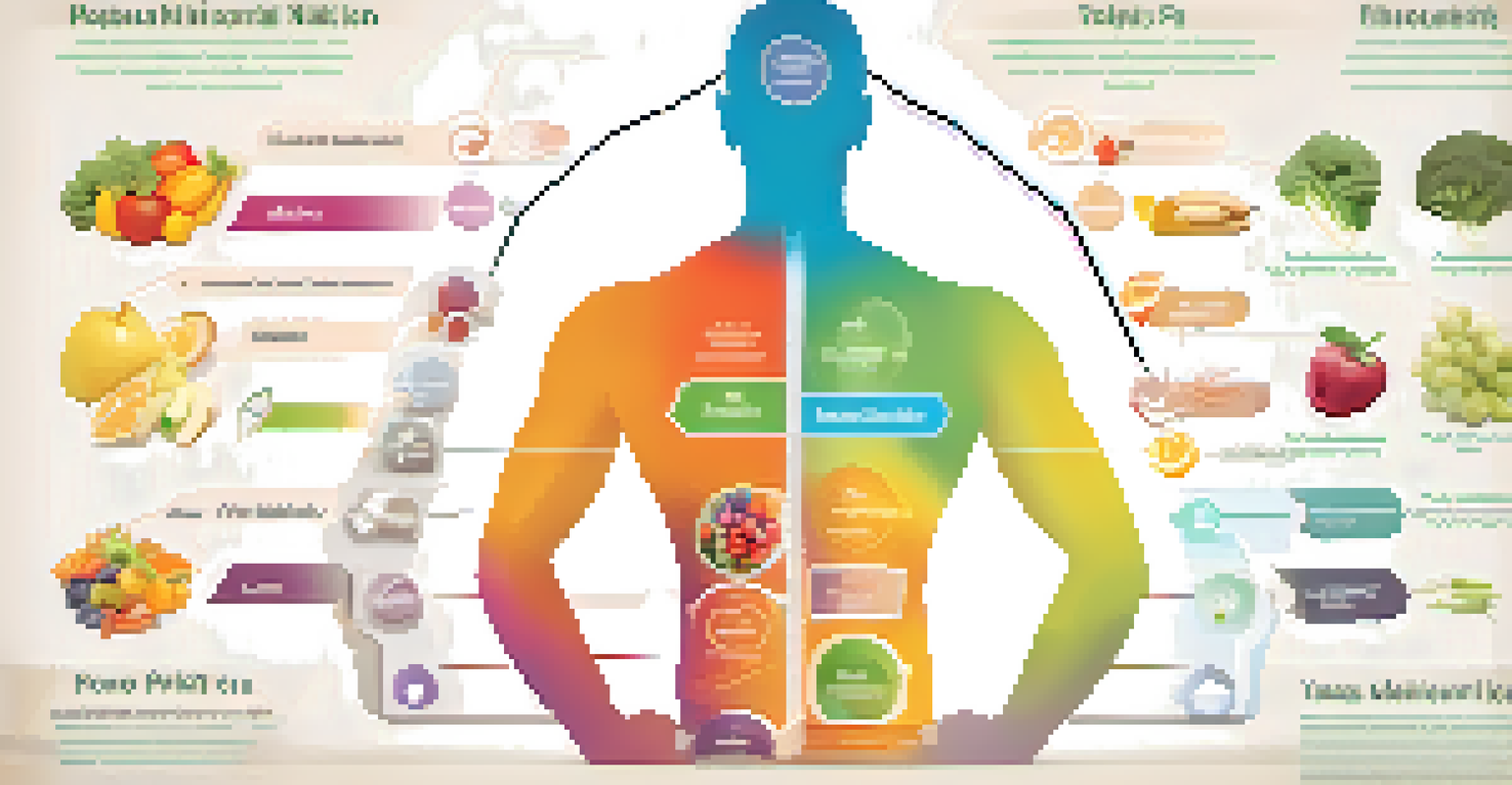 An infographic of a human silhouette filled with icons of vitamins and minerals, with arrows pointing to body parts, set against a soft gradient background.
