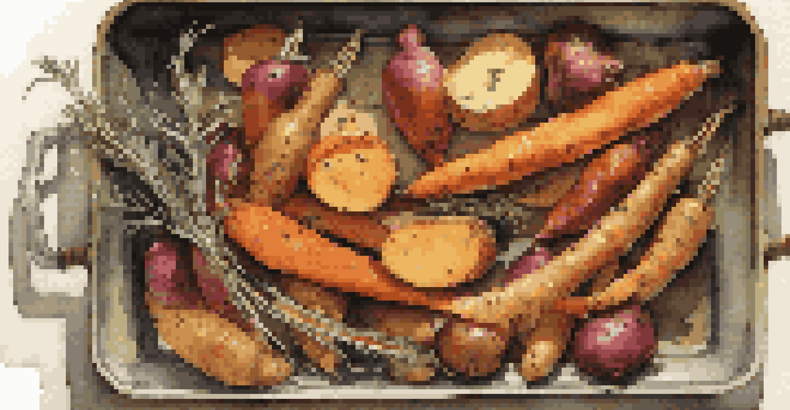 A tray of roasted root vegetables such as sweet potatoes and carrots, caramelized and garnished with rosemary, inside an oven.