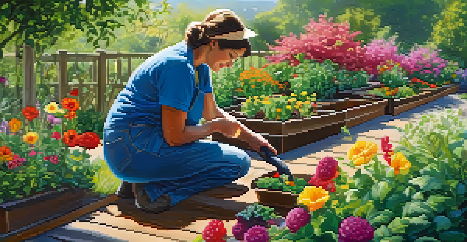 A person smiling while gardening using raised beds and ergonomic tools, set against a bright outdoor background with colorful flowers and greenery.