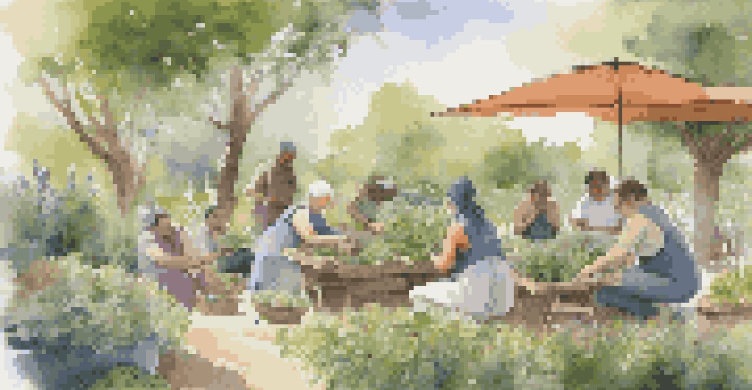 An outdoor herbal workshop in a garden with participants learning about herbs from an instructor surrounded by blooming plants.