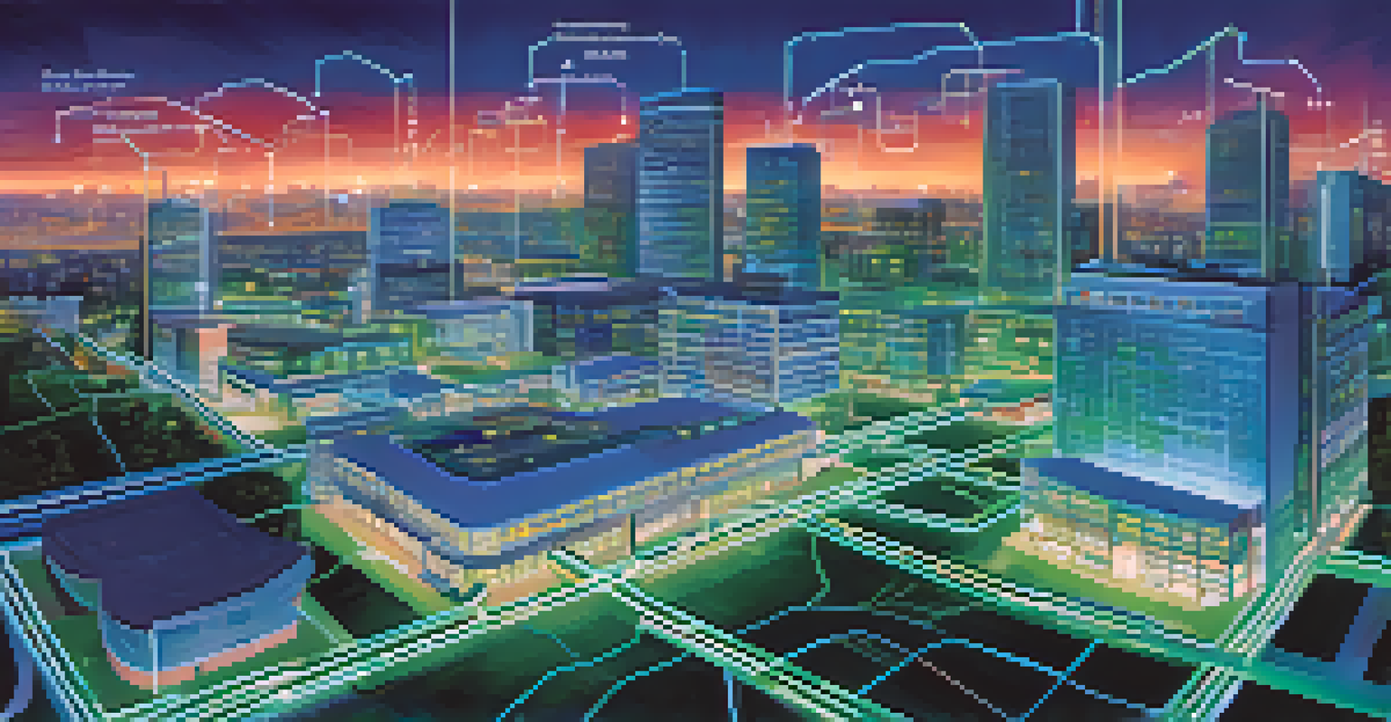 A digital illustration of interconnected healthcare facilities, showing a network for data sharing with glowing lines, against a cityscape background.