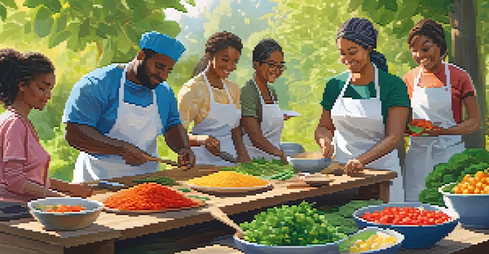 A diverse group of people participating in a community cooking class outdoors, surrounded by fresh ingredients and sunlight.