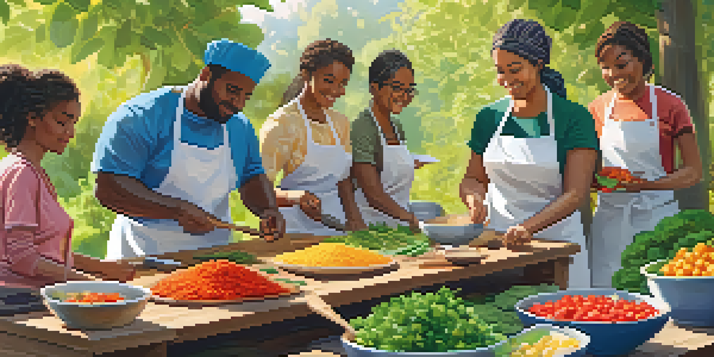 A diverse group of people participating in a community cooking class outdoors, surrounded by fresh ingredients and sunlight.