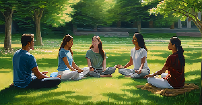 A diverse group of people sitting in a circle practicing mindfulness in a park, with trees and flowers around them.