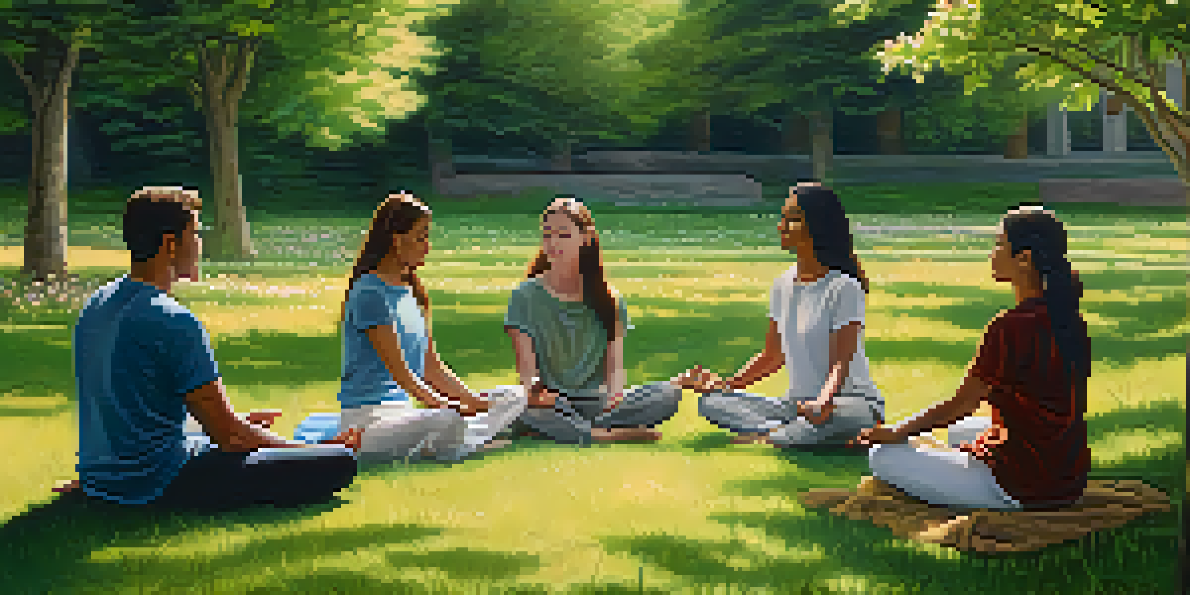 A diverse group of people sitting in a circle practicing mindfulness in a park, with trees and flowers around them.