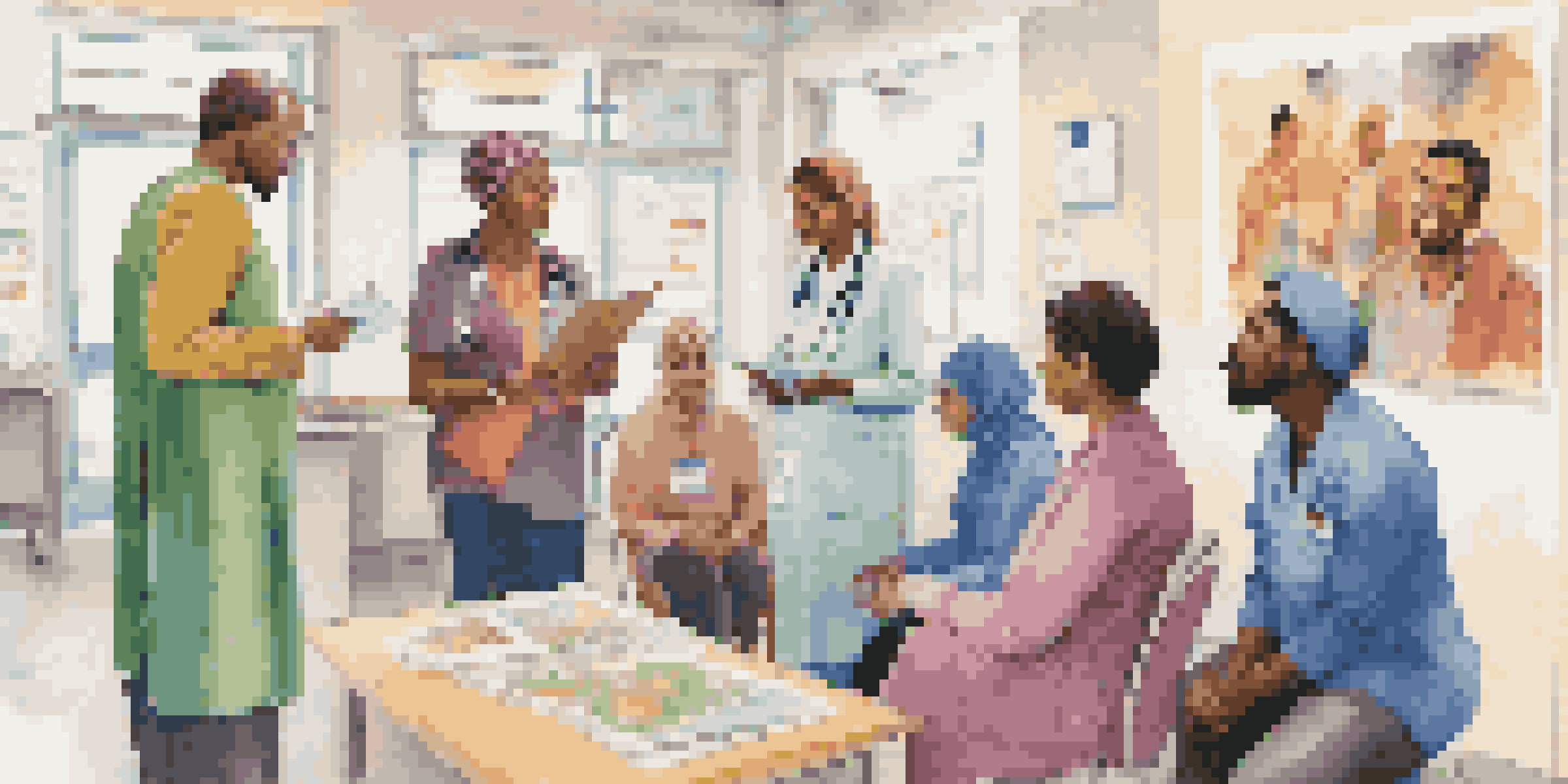 A diverse group of healthcare professionals interacting with a refugee family in a friendly clinic. The scene shows the professionals listening and taking notes, while the family looks engaged and hopeful.
