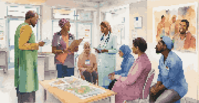 A diverse group of healthcare professionals interacting with a refugee family in a friendly clinic. The scene shows the professionals listening and taking notes, while the family looks engaged and hopeful.