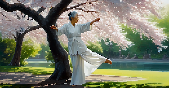 An elderly woman practicing Tai Chi in a peaceful park surrounded by cherry blossom trees and a pond under soft morning sunlight.