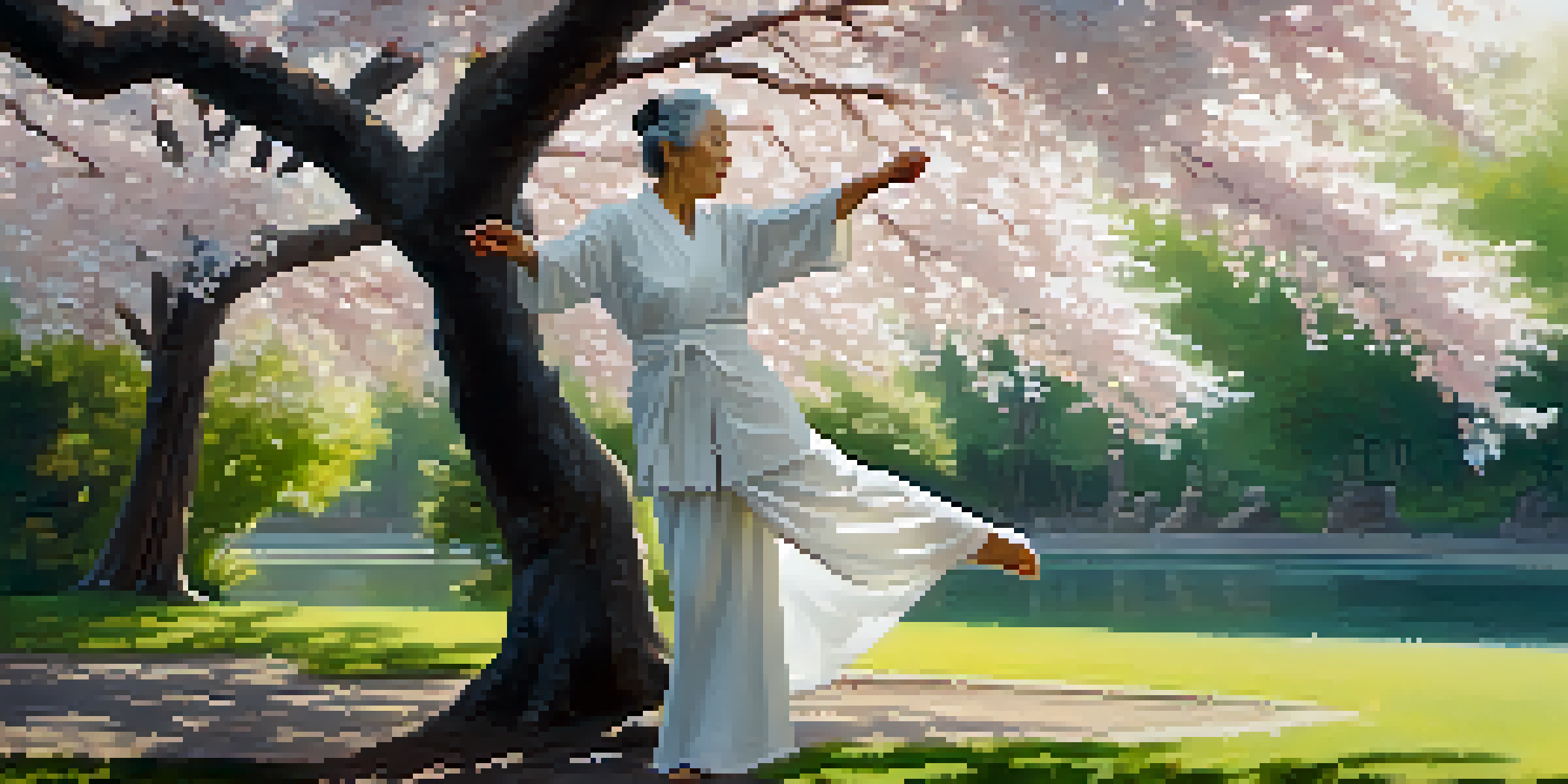 An elderly woman practicing Tai Chi in a peaceful park surrounded by cherry blossom trees and a pond under soft morning sunlight.