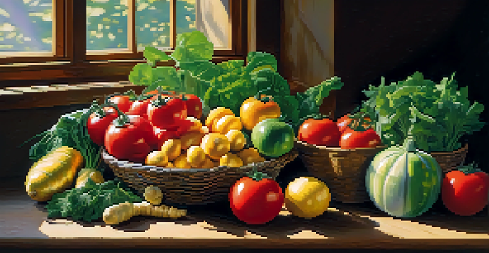 A wooden table filled with various fresh fruits and vegetables, illuminated by sunlight.