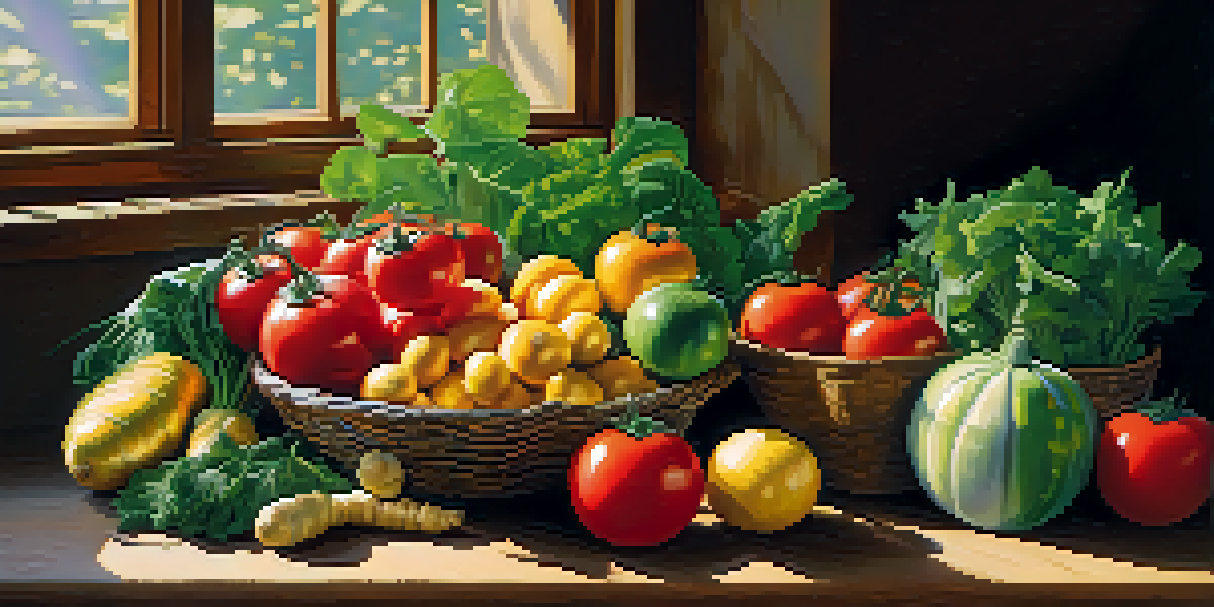 A wooden table filled with various fresh fruits and vegetables, illuminated by sunlight.
