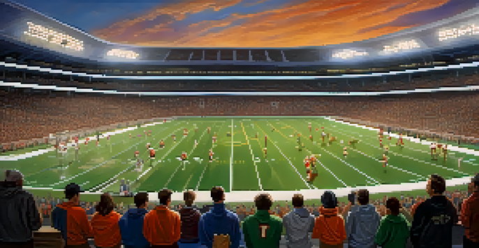 A coach instructs players during a sports game, with bright lights and a cheering crowd in the background.