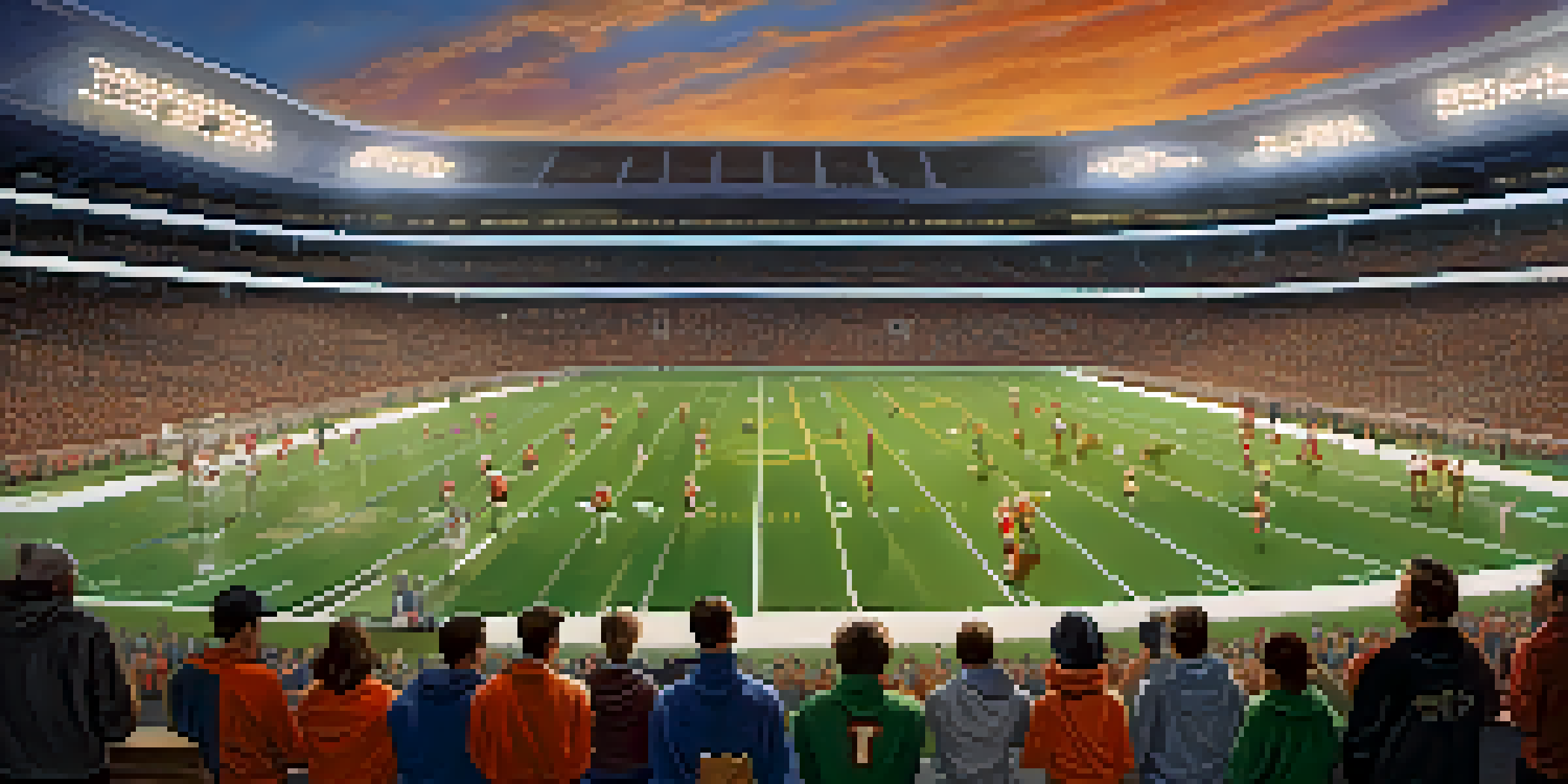 A coach instructs players during a sports game, with bright lights and a cheering crowd in the background.