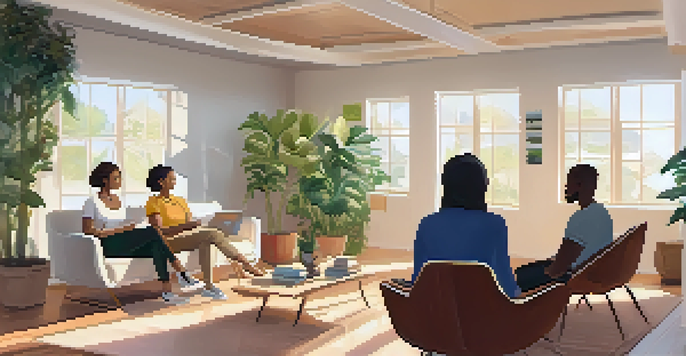 A wellness coach and client having a warm conversation in a cozy room filled with plants and natural light.