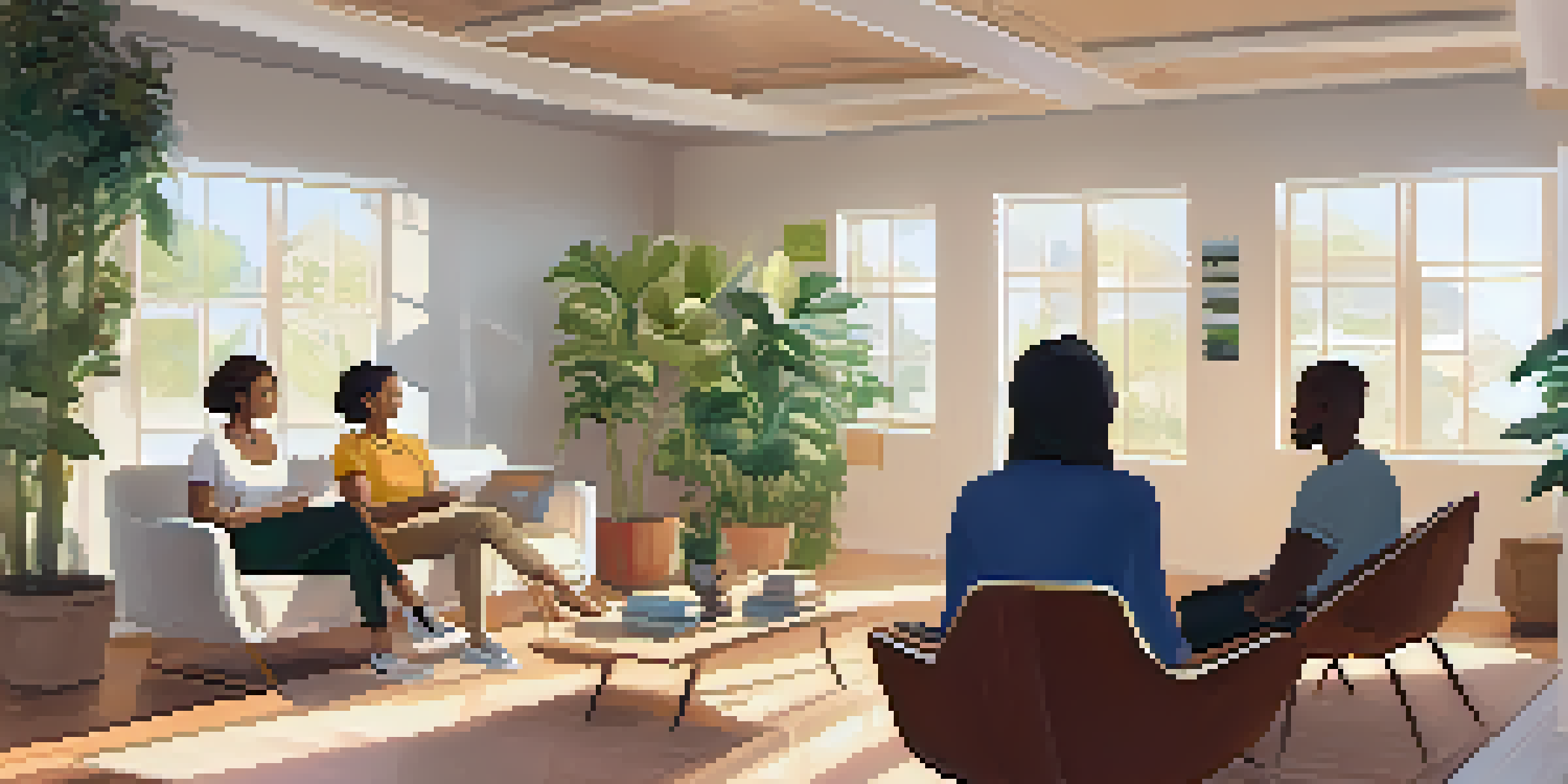 A wellness coach and client having a warm conversation in a cozy room filled with plants and natural light.