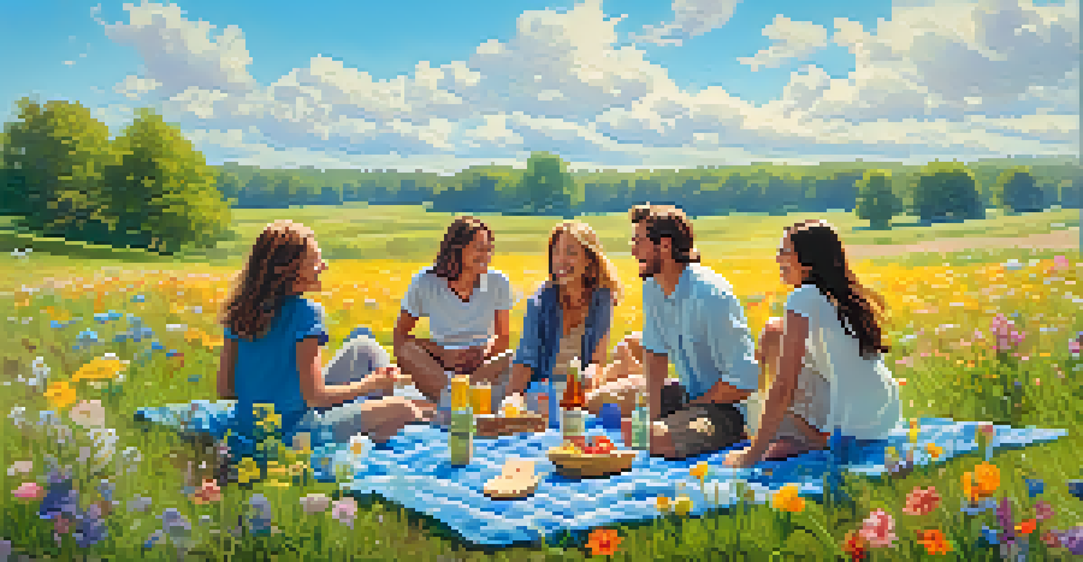 A group of friends having a picnic in a sunny meadow with wildflowers, sharing food and laughing together.