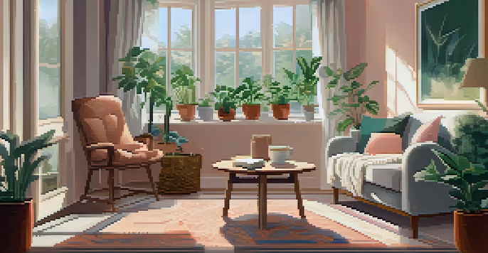 A cozy living room with natural light, an armchair, a coffee table with tea and a book, and potted plants.