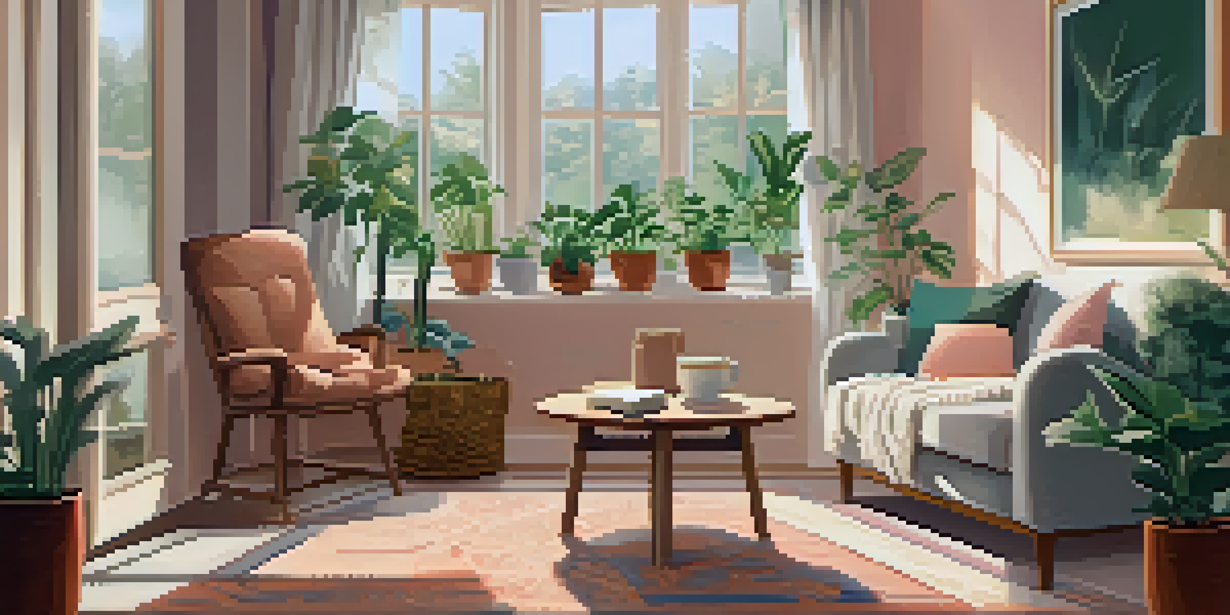 A cozy living room with natural light, an armchair, a coffee table with tea and a book, and potted plants.