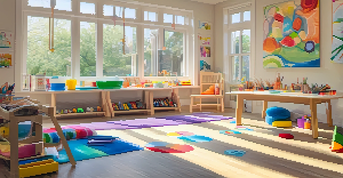 A bright therapy room with toys and art supplies for children, featuring a table with drawing materials.