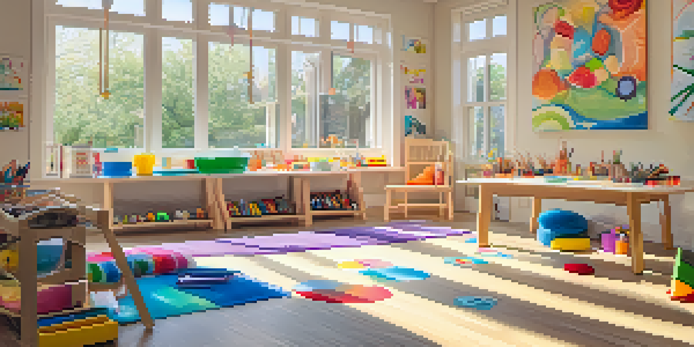 A bright therapy room with toys and art supplies for children, featuring a table with drawing materials.
