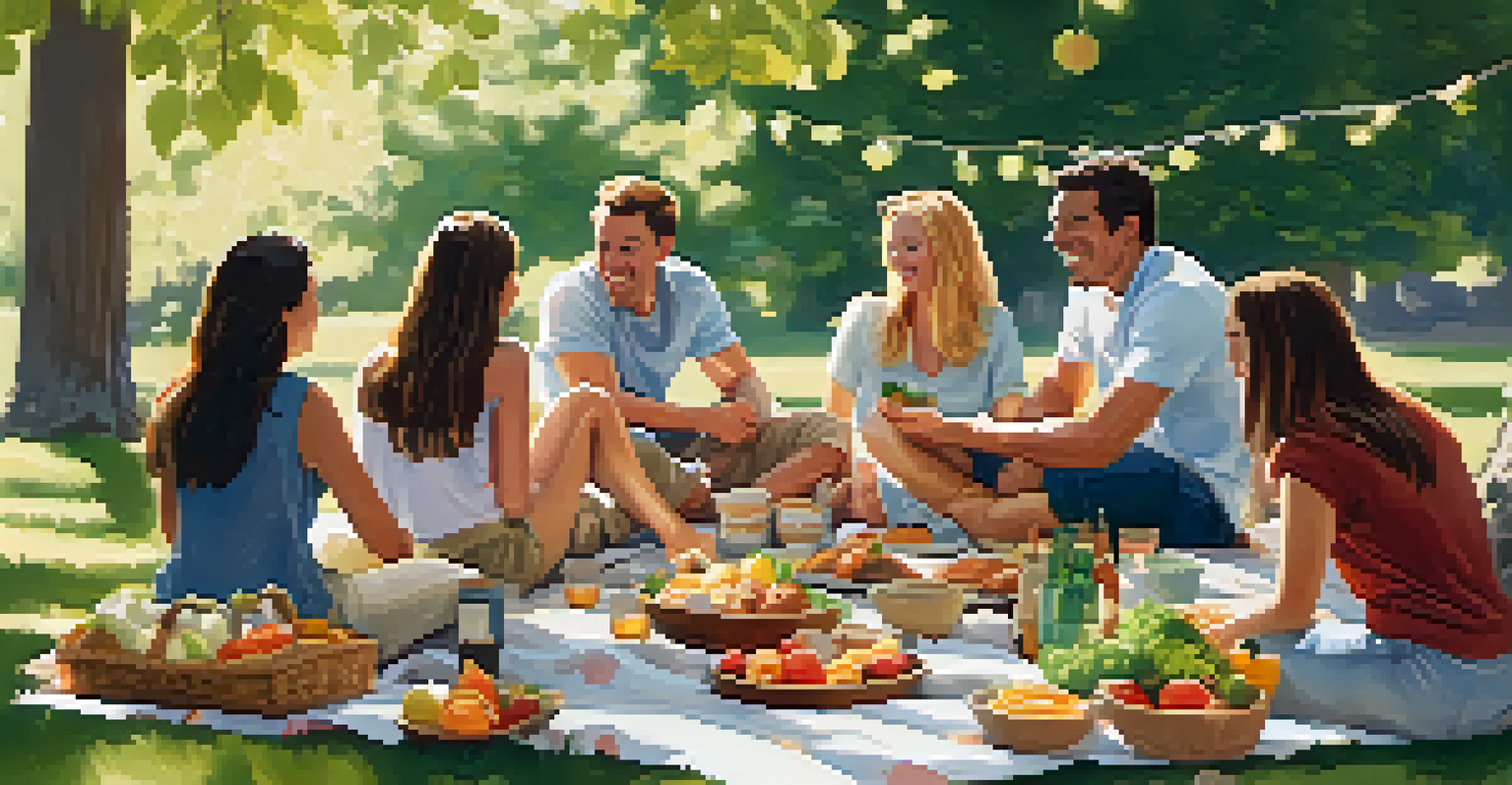 A cheerful outdoor picnic with friends sharing healthy dishes on a blanket under the trees, capturing the essence of mindful eating.